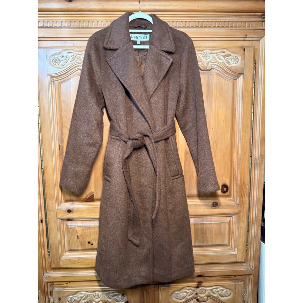 Nine West Women's L Brown Belted Long Coat Brushed Faux Wool Wrap Overcoat